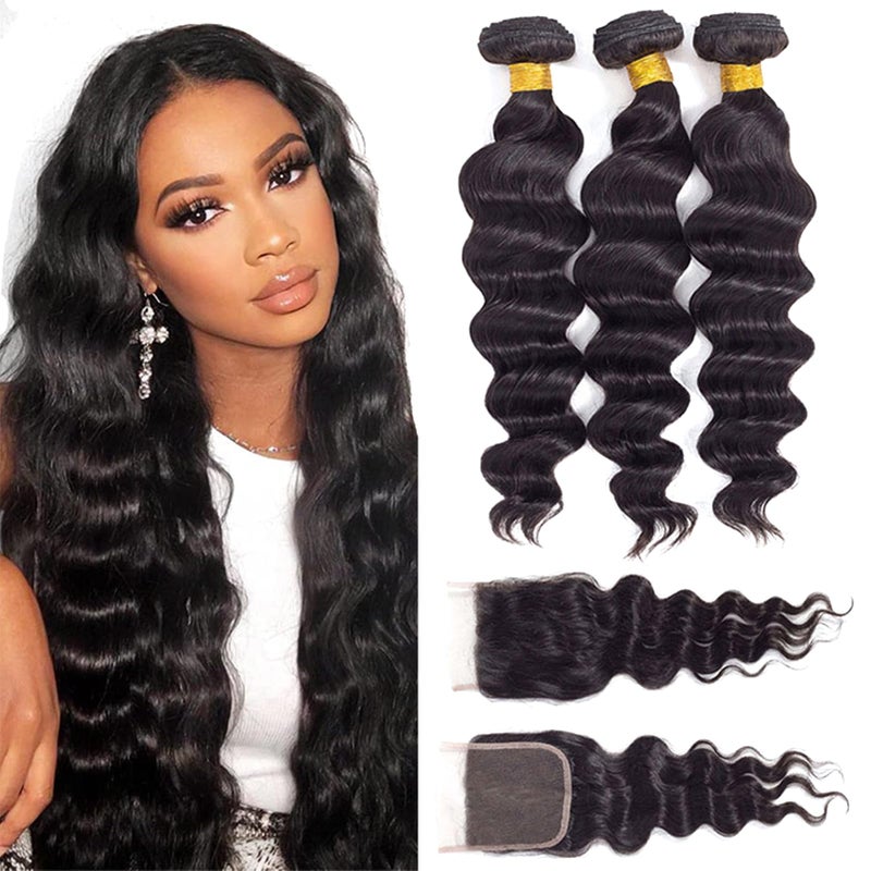 12A Loose Wave Bundles with Closure Human Hair 14 16 1812 100 Unprocessed Virgin Brazilian Loose Deep Wave Human Hair Weave Bundles with Lace Closure Natural Color